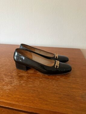 Salvatore Ferragamo Black Patent Low Block Heel Pumps with Gold Hardware